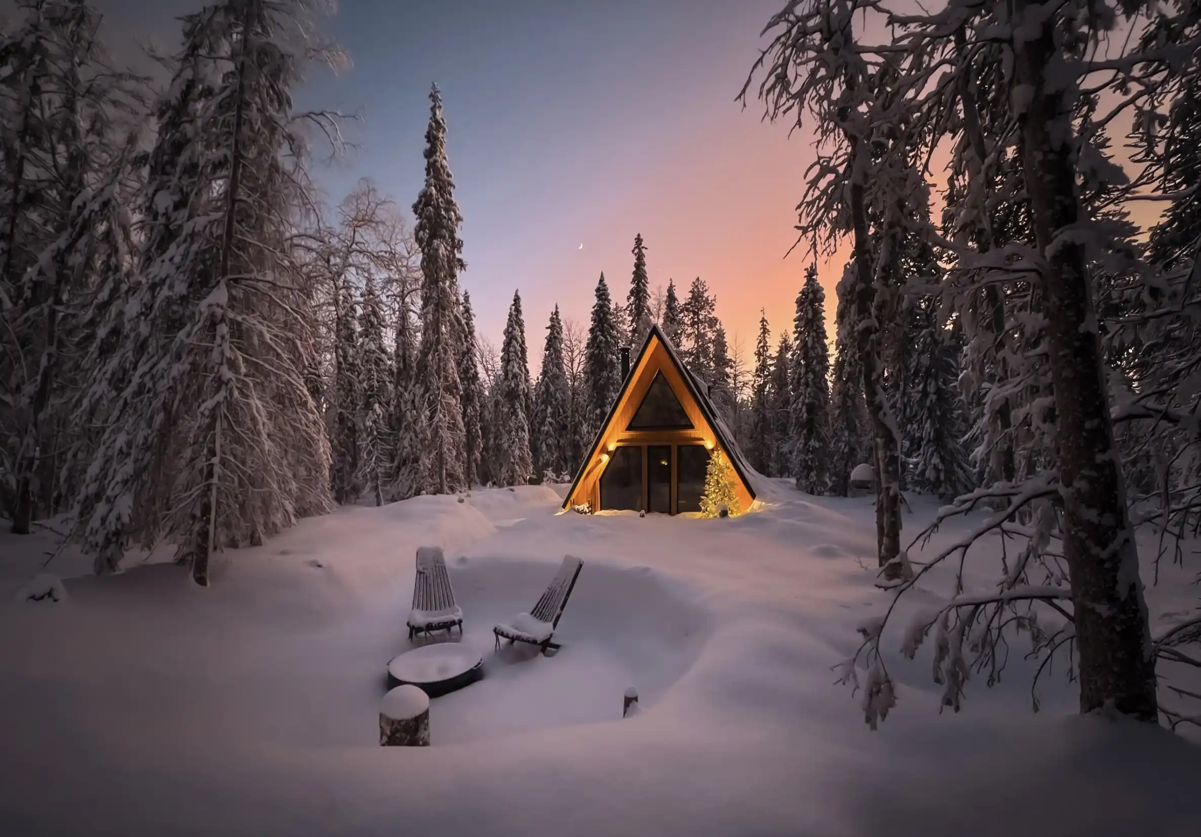 A-frame house at sunset in snow, with a lit hot tub and firepit on the terrace