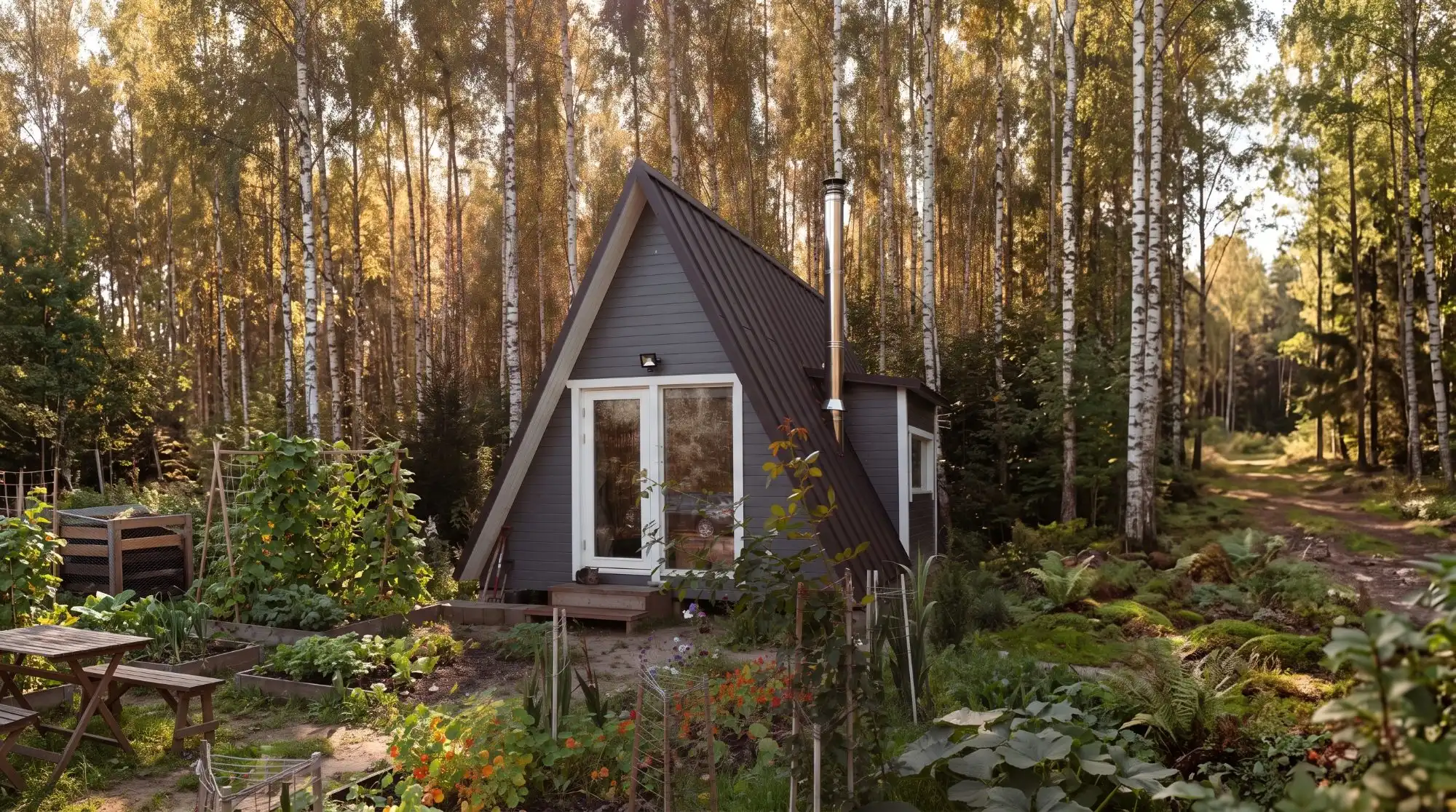 A-frame house at sunset in snow, with a lit hot tub and firepit on the terrace