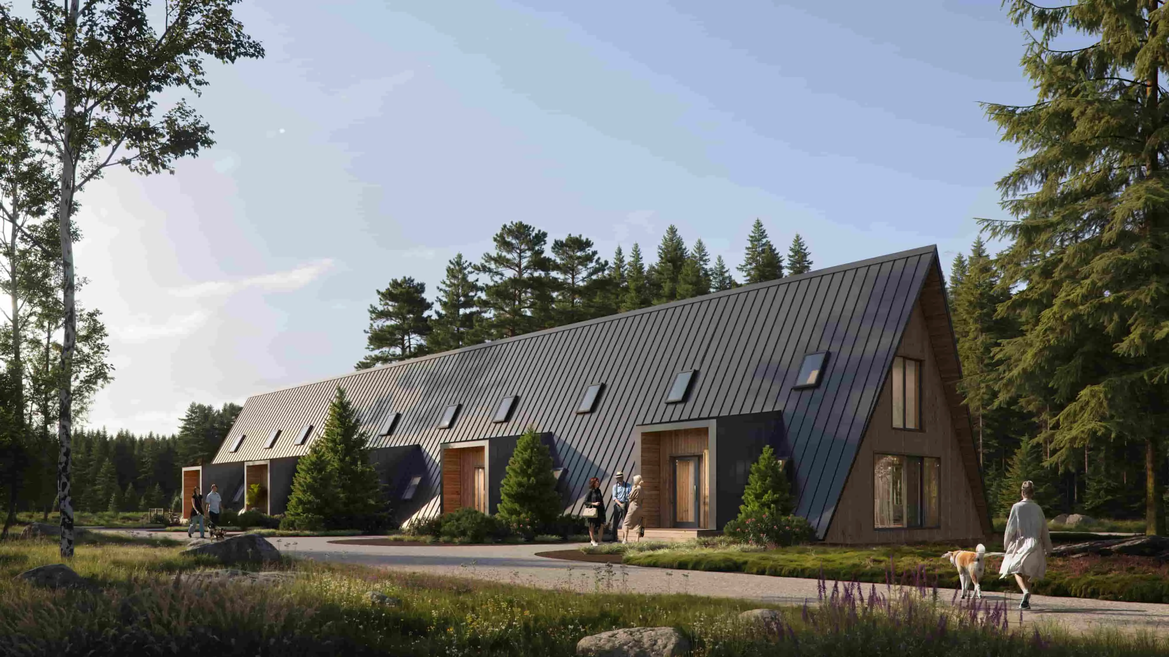 A very long A-frame surrounded with greenery and with people walking around