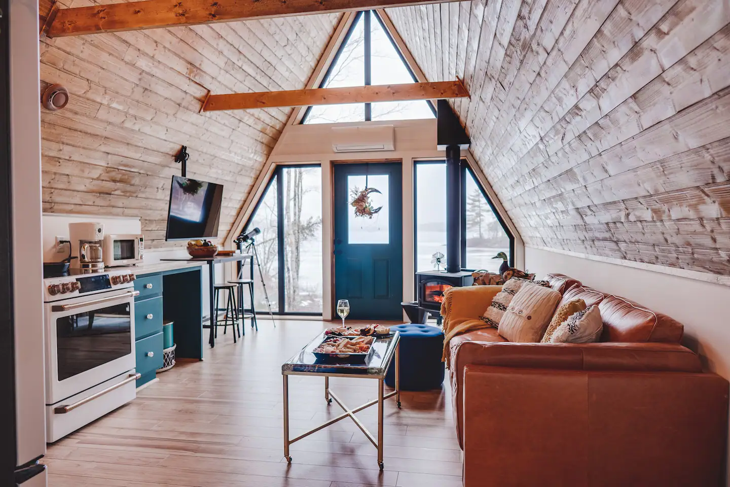 Front view of the exterior of an A-frame house
