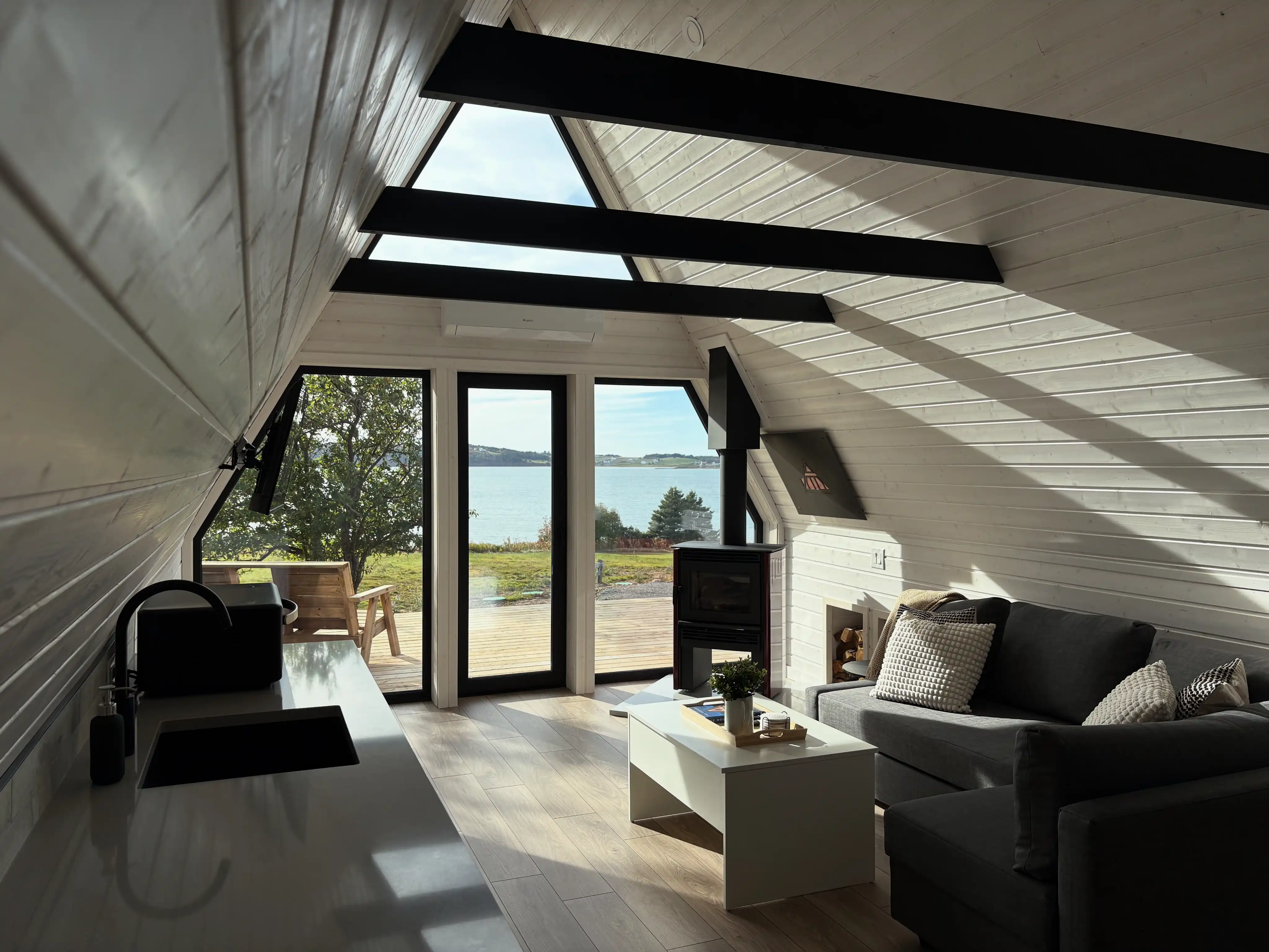 Front view of the interior of an A-frame house