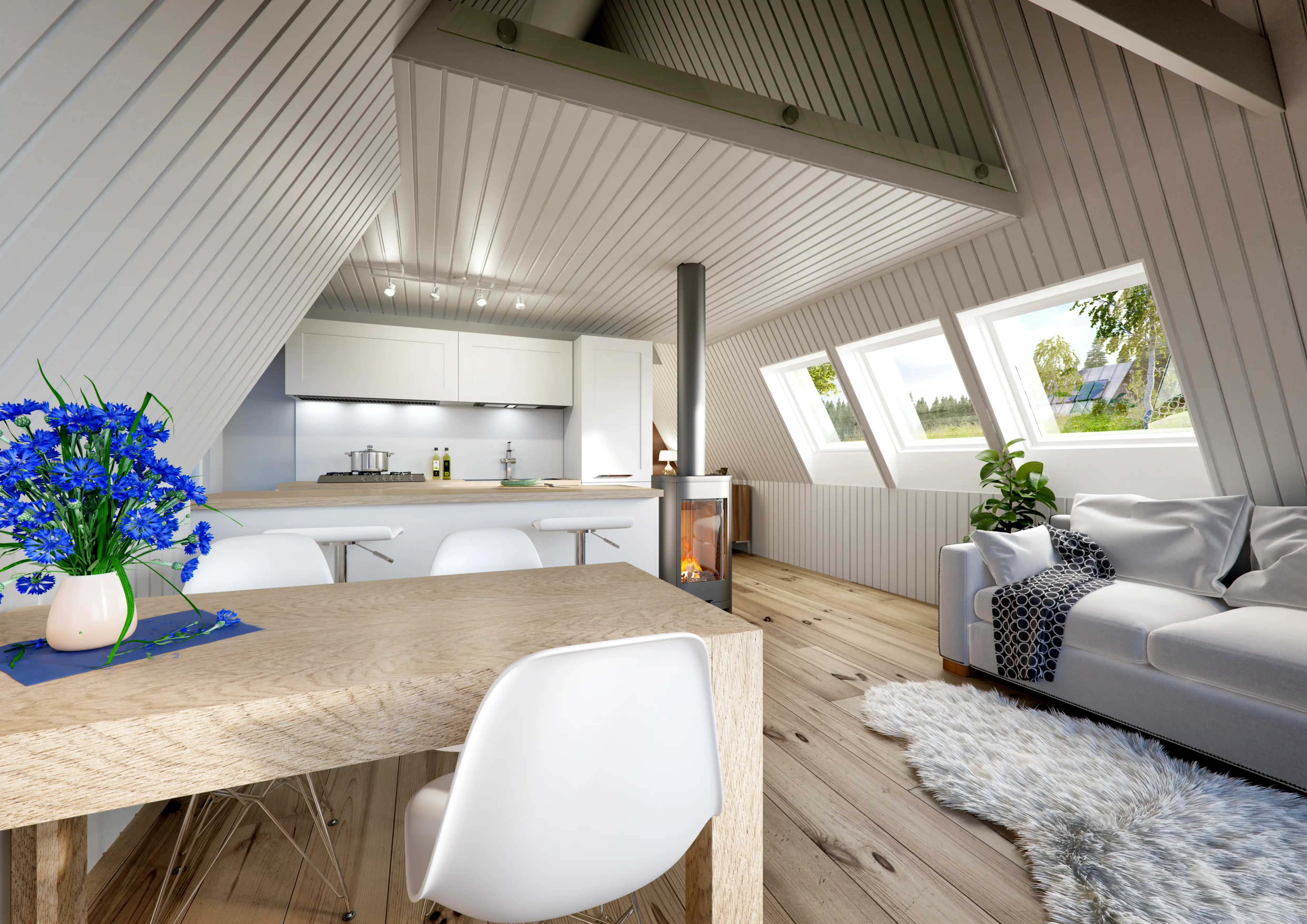Front view of the interior of an A-frame house