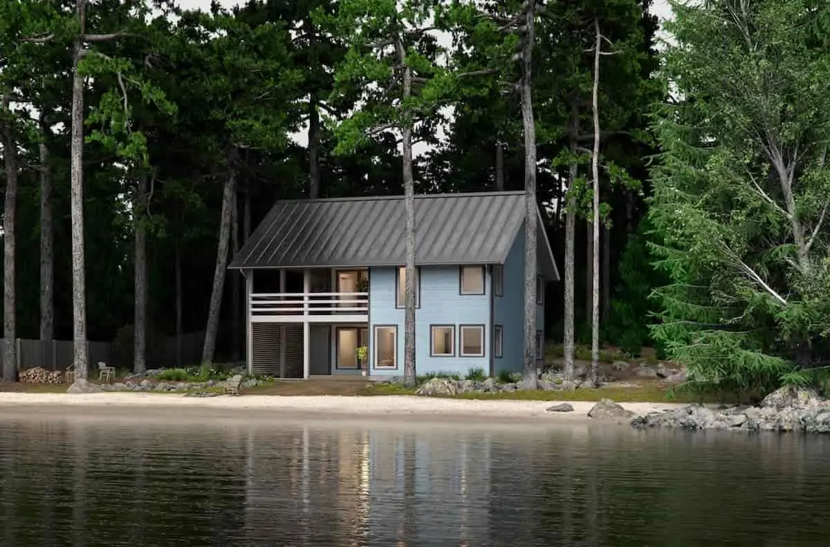A two story house between trees